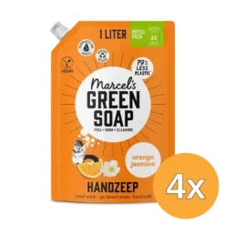 4x Marcel’s Green Soap Handzeep sinaasappel & jasmijn Navulverpakking (1000 ml)