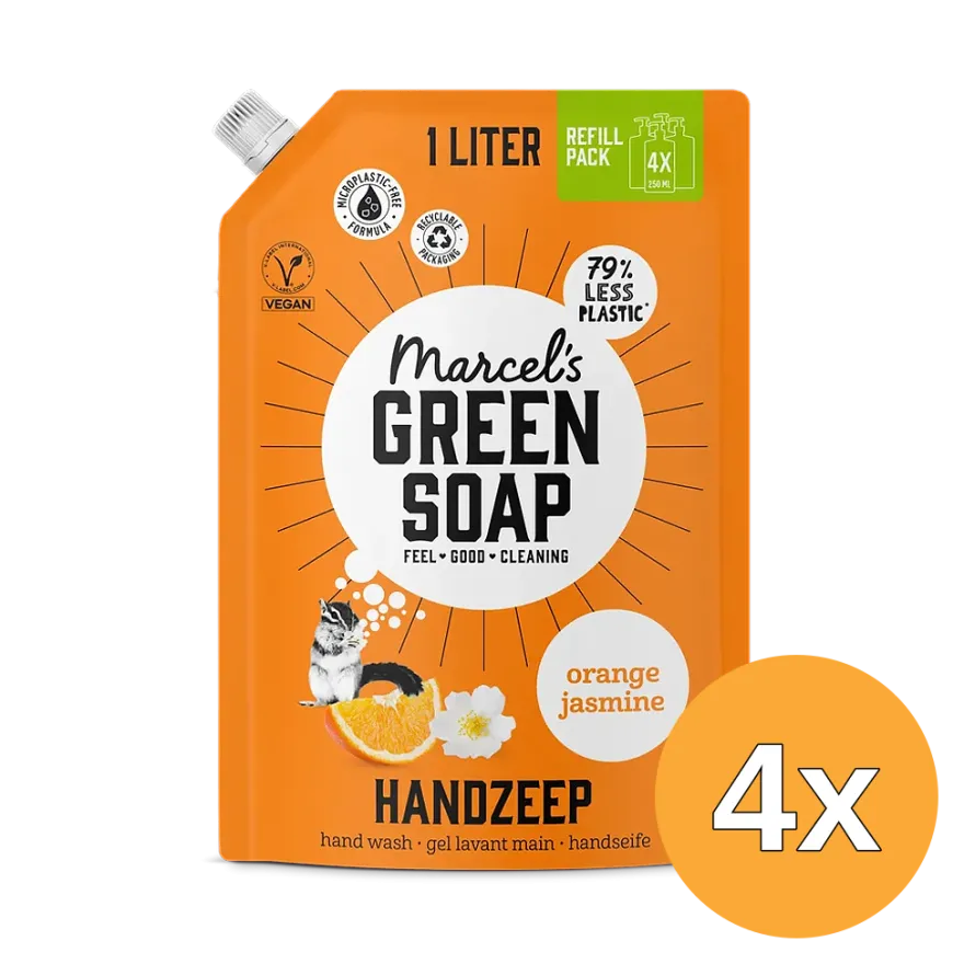 4x Marcel’s Green Soap Handzeep sinaasappel & jasmijn Navulverpakking (1000 ml)