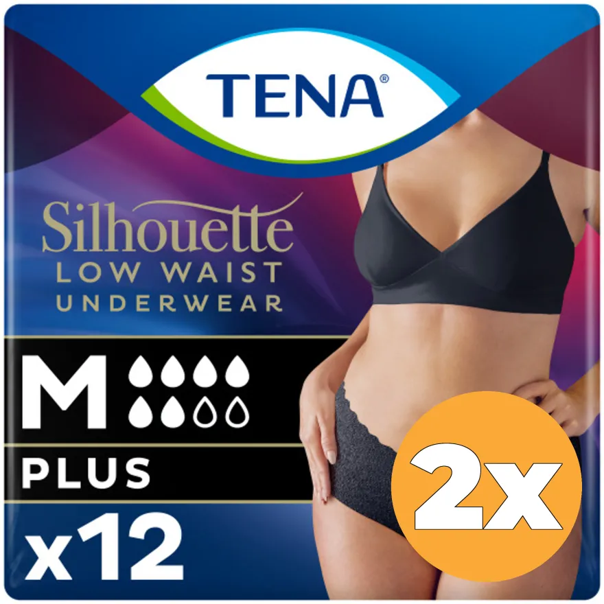 2x Tena Silhouette Plus Noir – Lage Taille M (12 stuks)