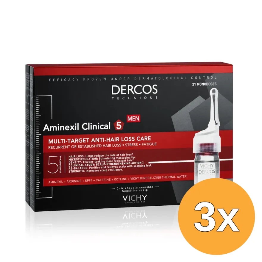 3x Vichy Dercos Aminexil Ampullen voor Mannen met Haarverlies (21 stuks)