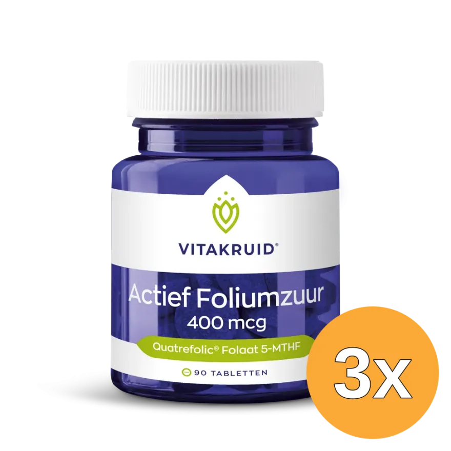 3x Vitakruid Actief Foliumzuur Quatrefolic® 5-MTHF 400 mcg (90 tabletten)