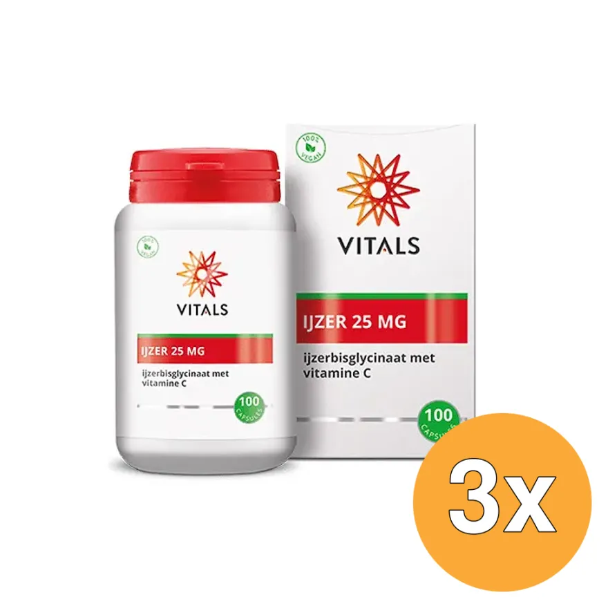 3x Vitals IJzer 25 mg met Vitamine C (100 capsules)