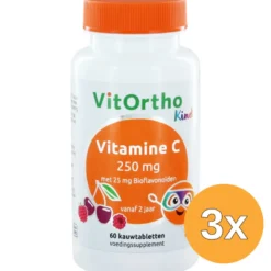 3x VitOrtho Vitamine C 250 mg met 25 mg bioflavonoiden (60 kauwtabletten)