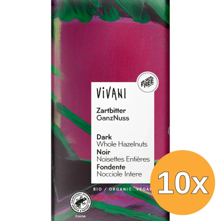 10x Vivani Chocolade Puur met Hele Hazelnoten Bio (100 gr)